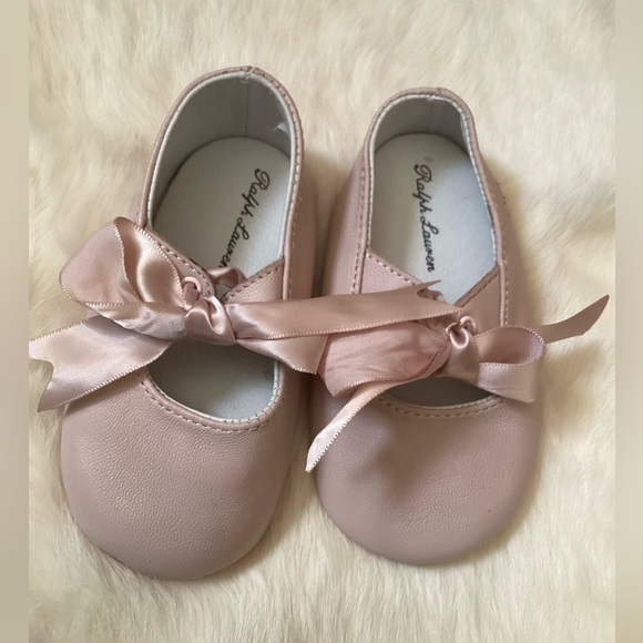 💗 RALPH LAUREN Pink Lambskin Ballet Flats with Satin Bow EUC Baby Shoes - Picture 6 of 11